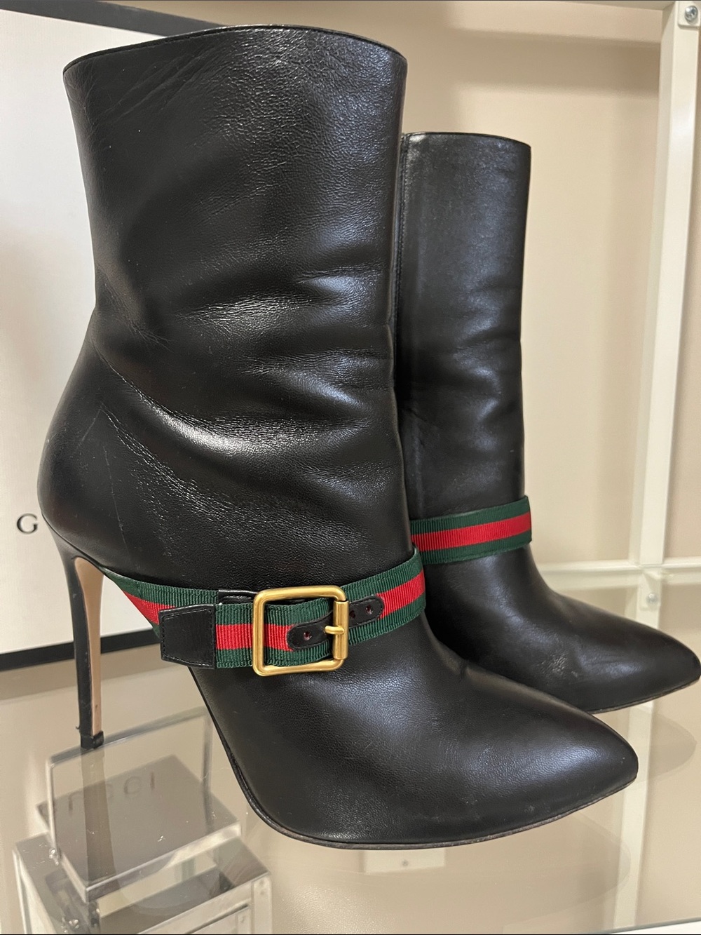 Gucci Black Leather High-Heel Ankle Boots with Green and Red Web Strap